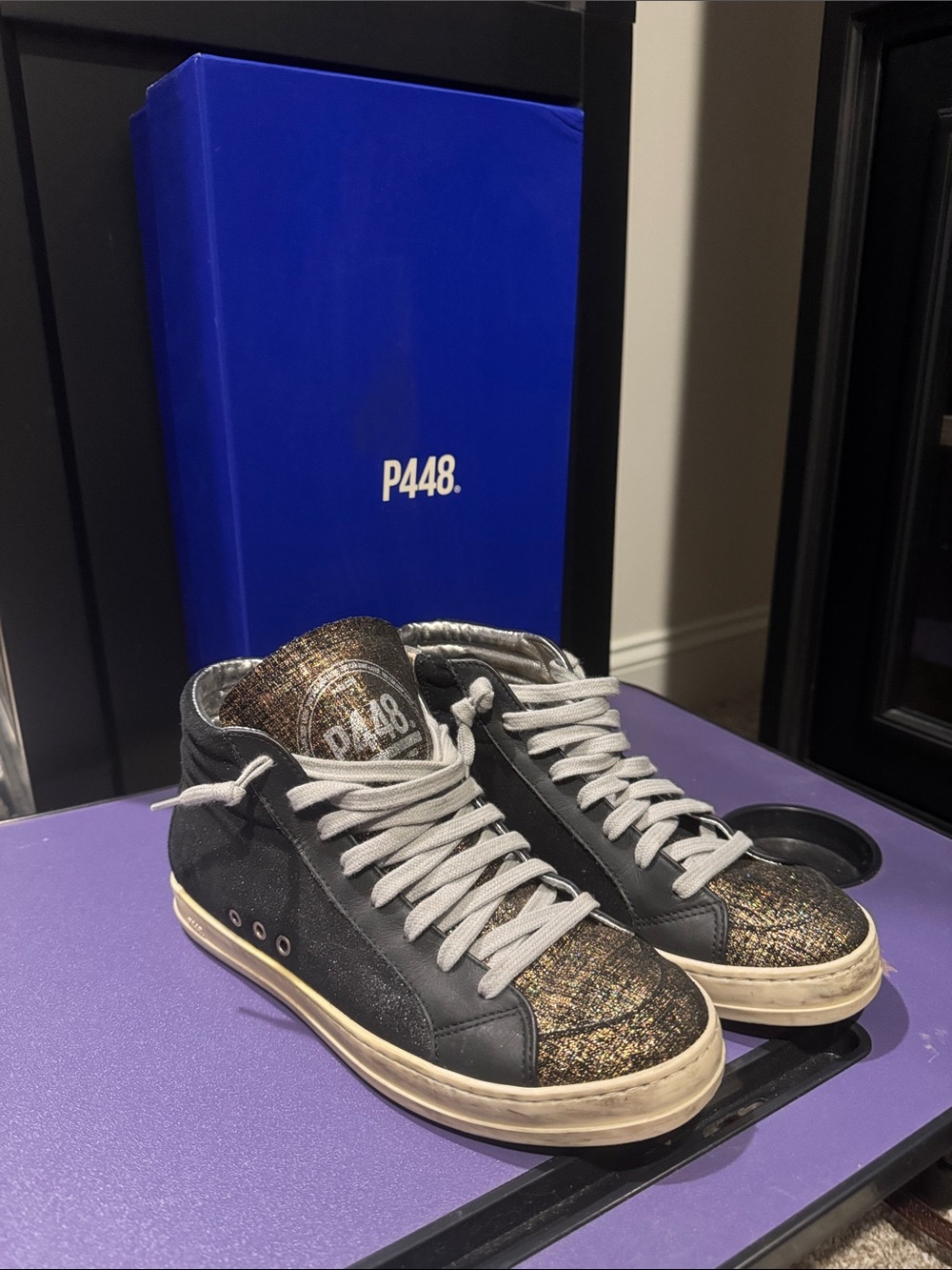 P448 women’s  Black Sneakers with Gold Glitter Toe & Tongue